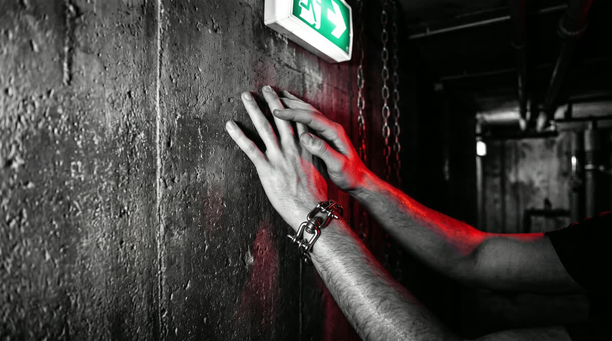 Hand mit Kettenarmband an einer Betonwand, rotes Licht von der Seite
