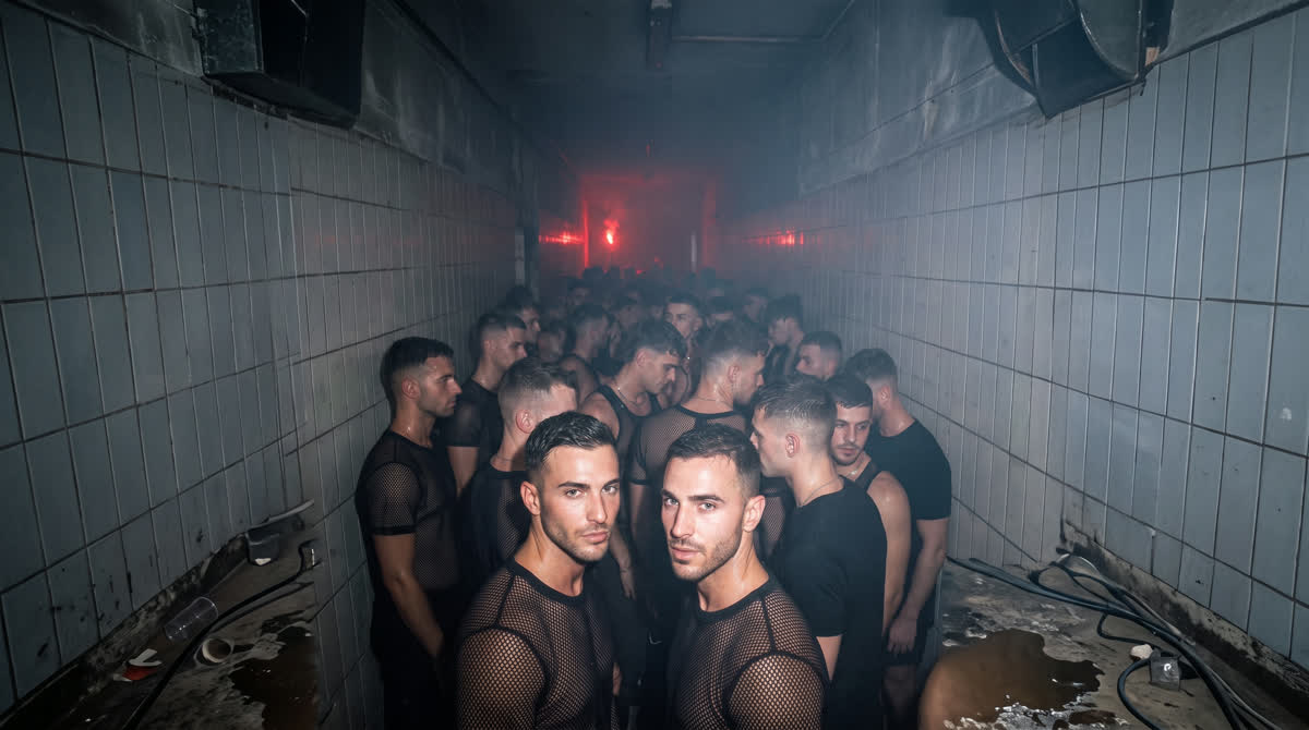 A narrow tiled corridor packed with men, a red light at the far end
