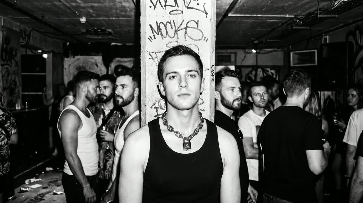 Junger Mann mit schwerer Halskette im Kellerclub, dahinter die Crowd